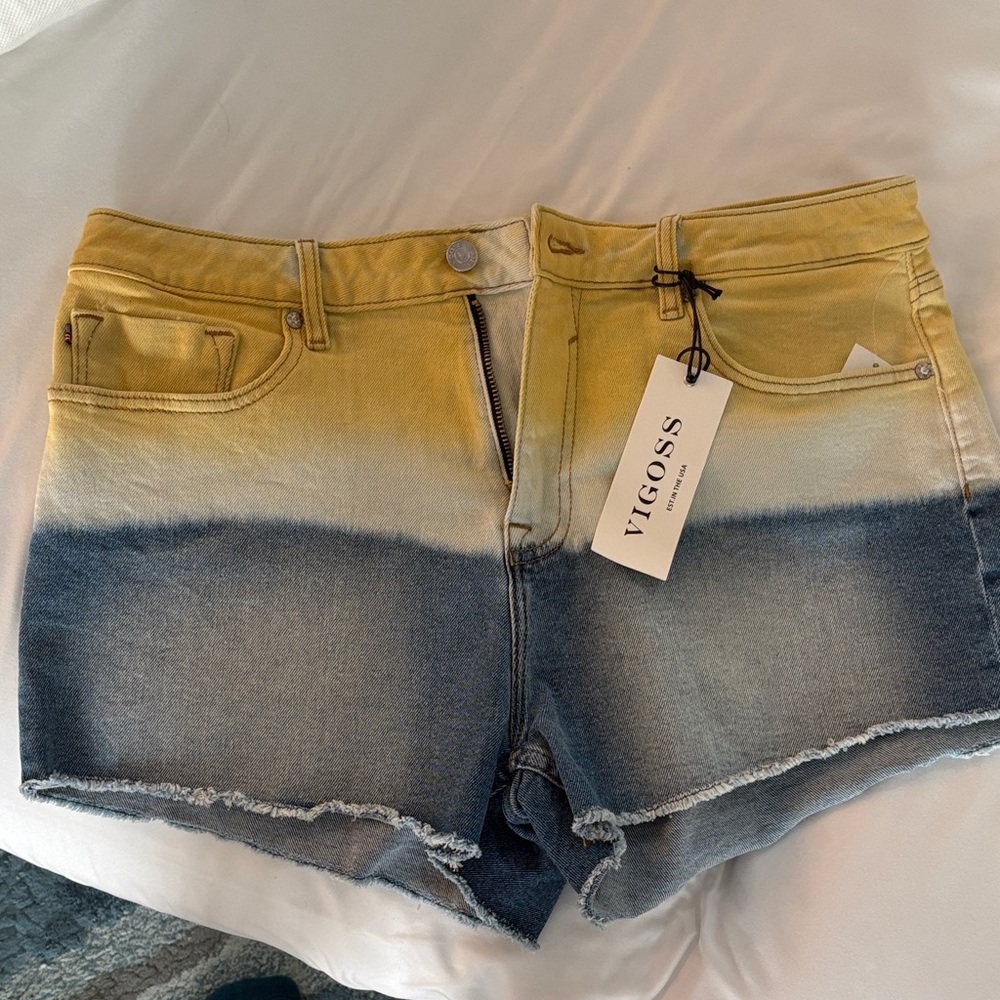 Vigoss Women's Denim Shorts in Yellow and Blue Gradient